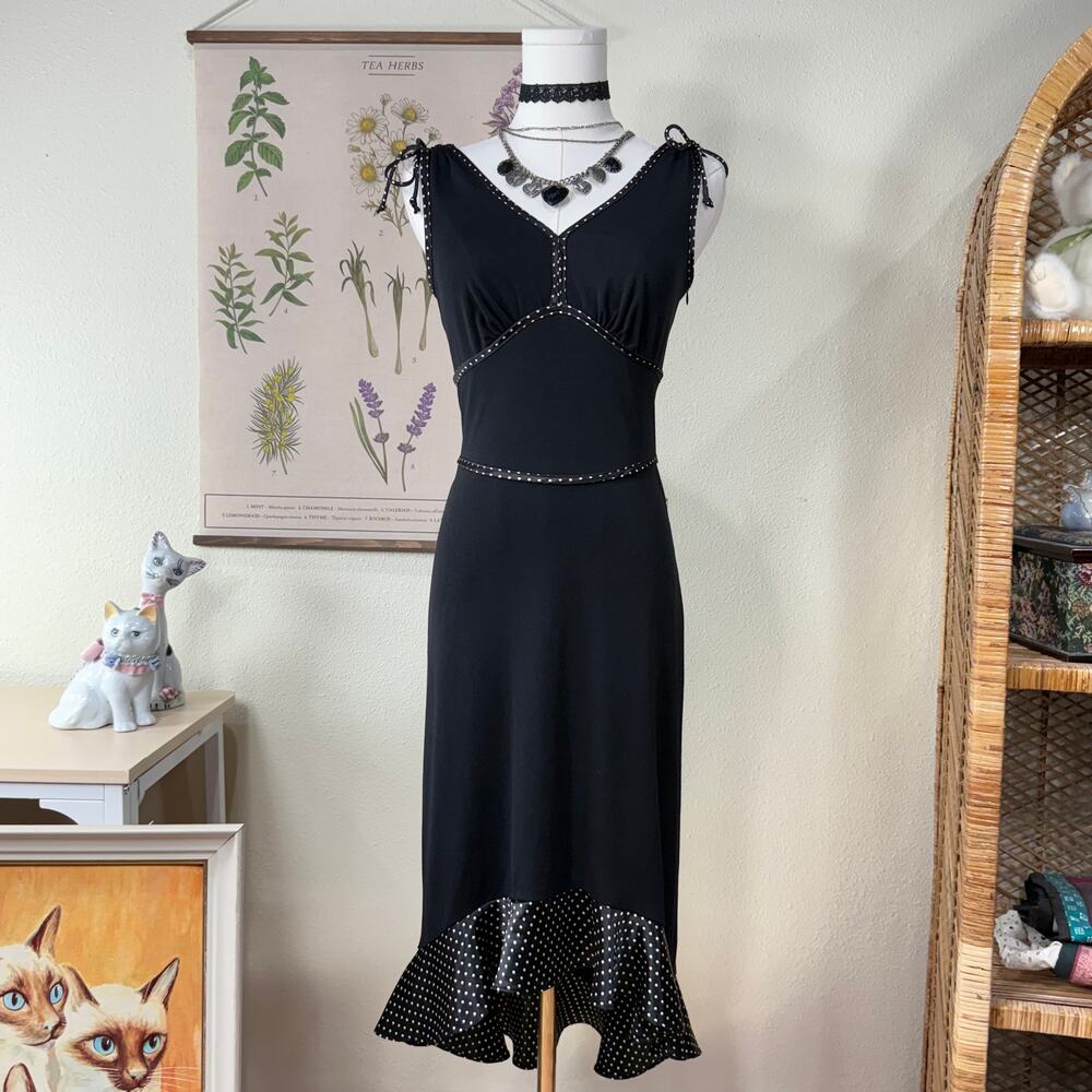 90s Y2k Polka Dot Trim Ruffle Dress Gothabilly Rockabilly Whimsy Twee Retro S